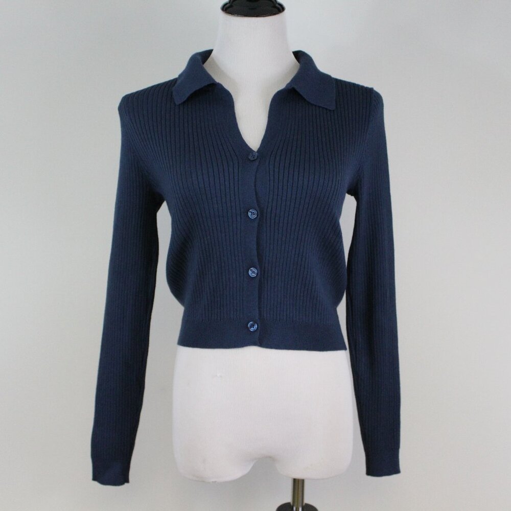 Olive‎ & Oak Cropped Ribbed Cardigan Collared Blue Preppy Parisian Minimalist